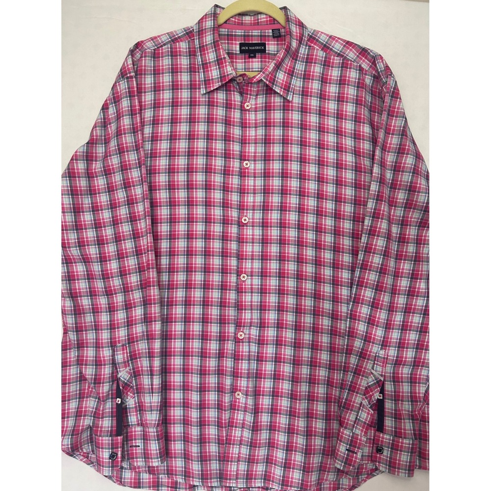 Jack Maverick Mens XXL Pink Blue Plaid Cotton Button Down Shirt 2400-R
